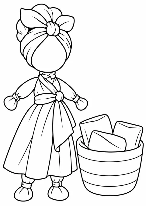 Abayomi ao lado do cesto de retalhos para colorir
