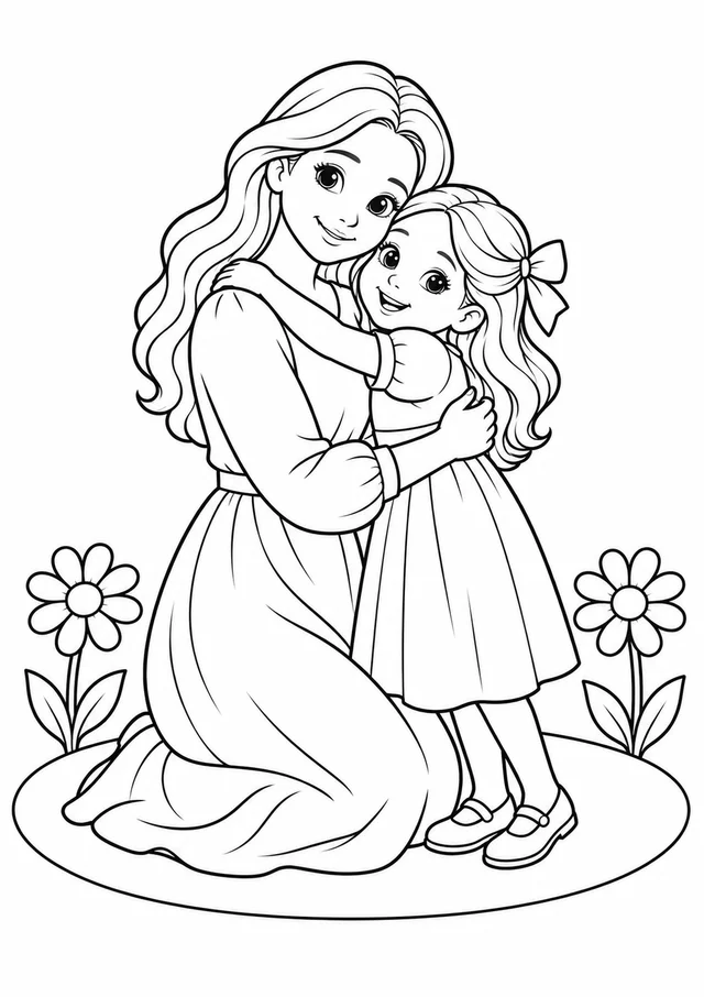 Abraço de mãe e filha no jardim para colorir