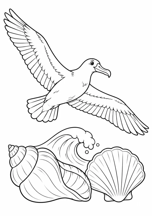 Albatroz planando sobre conchas para colorir