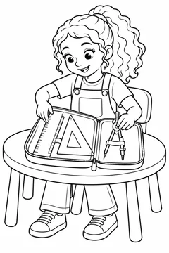 Aluna organizando ferramentas de geometria para colorir