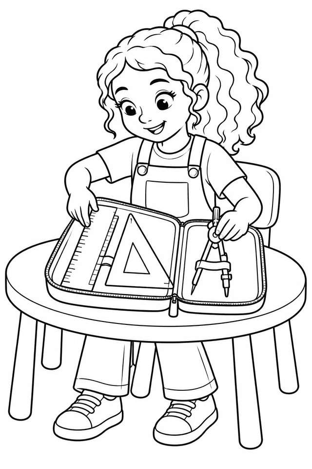 Aluna organizando ferramentas de geometria para colorir
