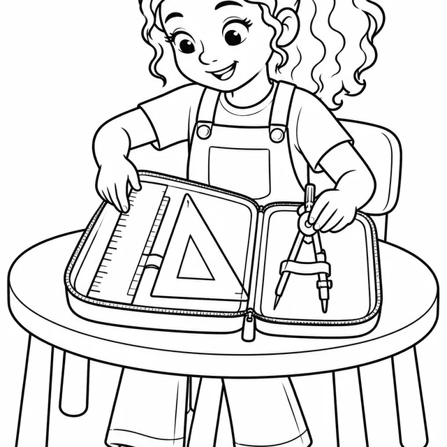 Aluna organizando ferramentas de geometria para colorir