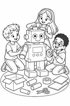 Alunos construindo um robô de papelão para colorir
