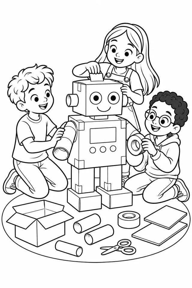 Alunos construindo um robô de papelão para colorir