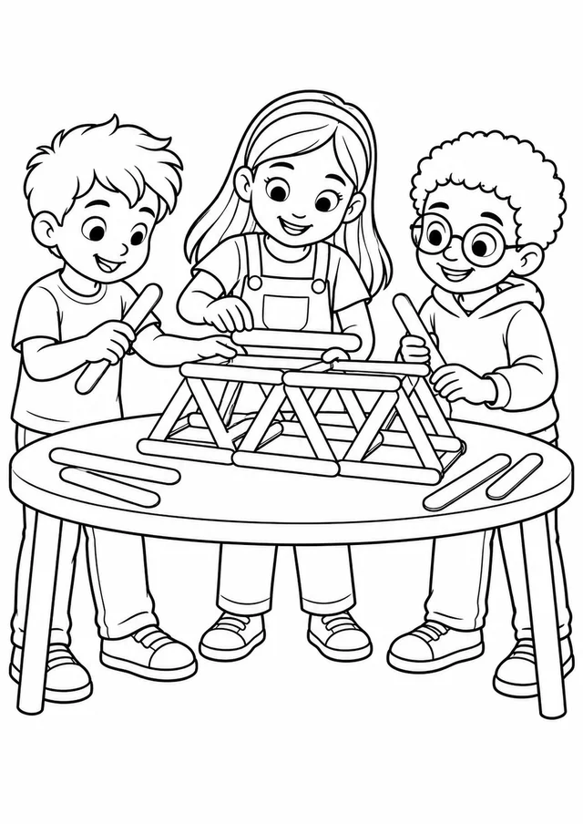 Alunos construindo uma ponte de palitos grandes para colorir