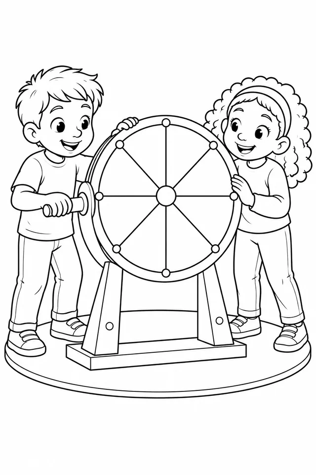 Alunos girando uma roda de cores para colorir
