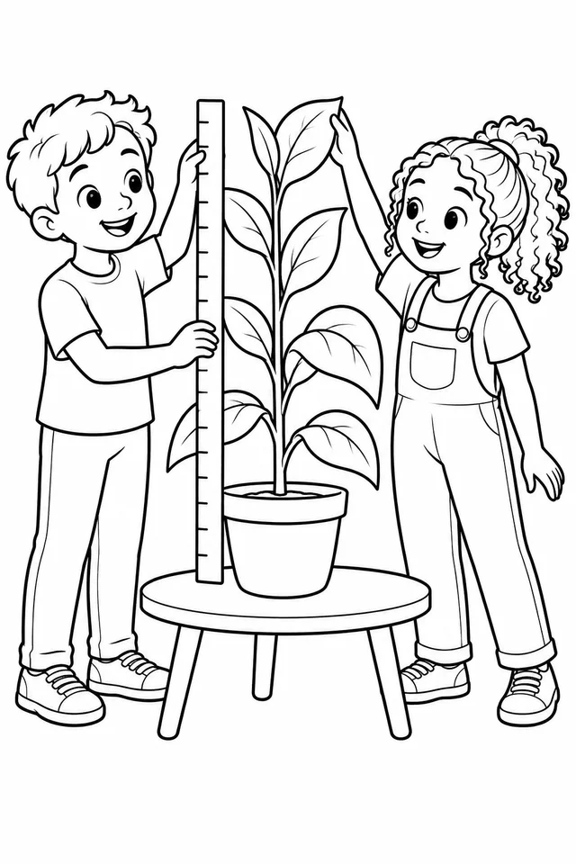 Alunos medindo uma muda para colorir