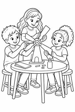 Alunos montando um pequeno moinho de vento para colorir