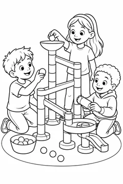 Alunos preparando um circuito de bolinhas de brinquedo para colorir
