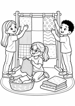 Alunos preparando um painel de tecidos de texturas amplas para colorir