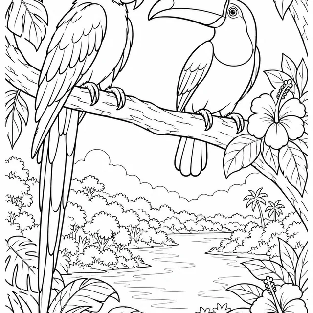 Arara e tucano na Amazônia para colorir
