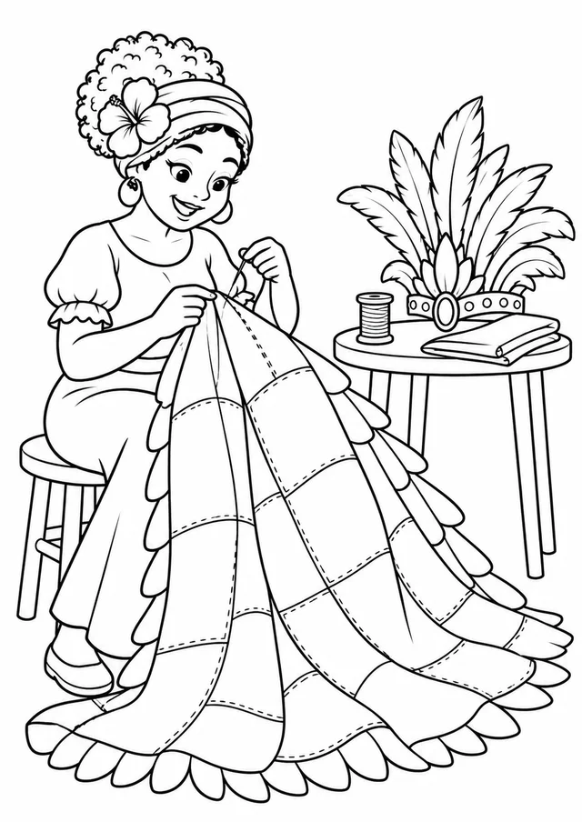 Artesã costurando uma capa de Carnaval para colorir
