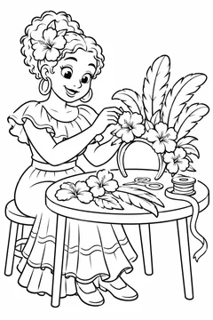 Artesã fazendo um adereço de cabeça com flores para colorir