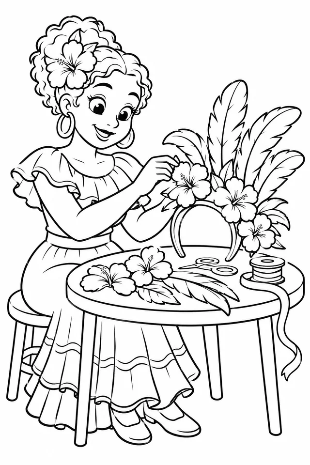 Artesã fazendo um adereço de cabeça com flores para colorir