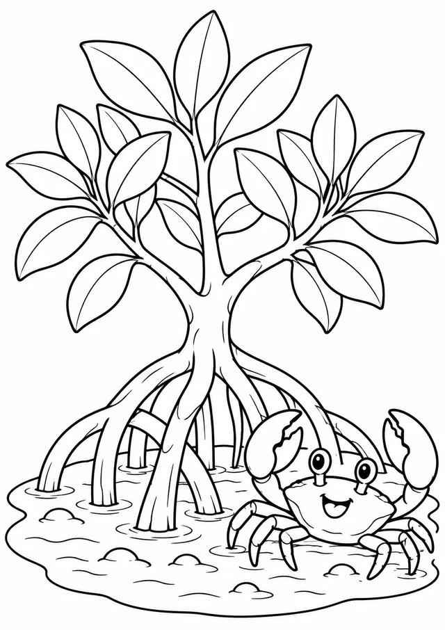 Árvore de mangue com um caranguejo para colorir