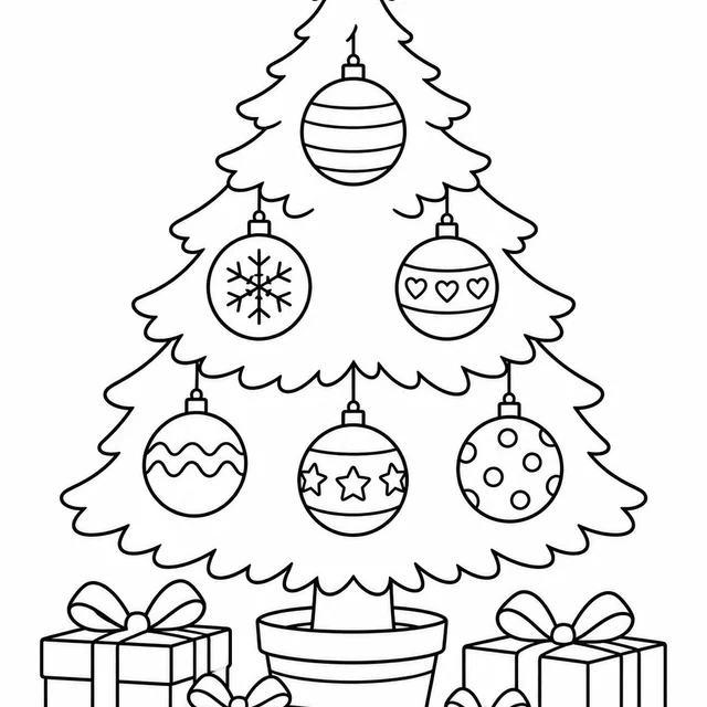 Árvore de Natal com bolas e presentes para colorir