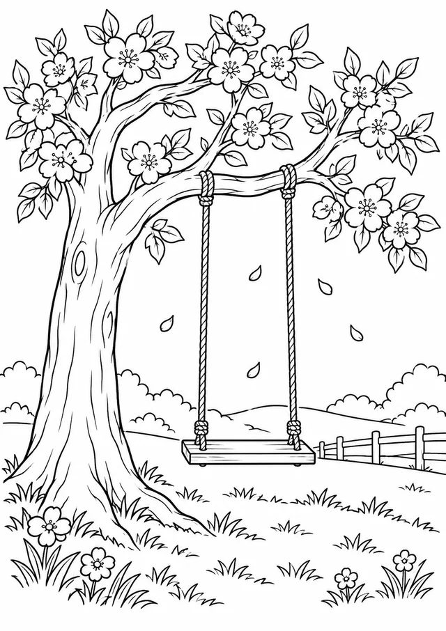 Árvore florida com balanço vazio para colorir