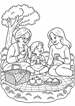 Avó e mãe com criança num piquenique para colorir