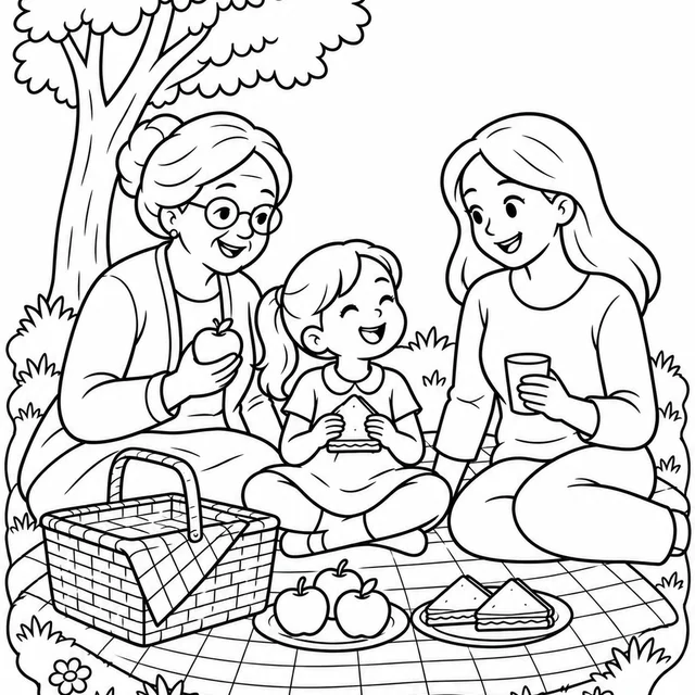 Avó e mãe com criança num piquenique para colorir