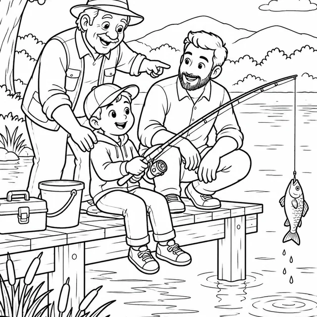 Avô e pai ensinando criança a pescar para colorir