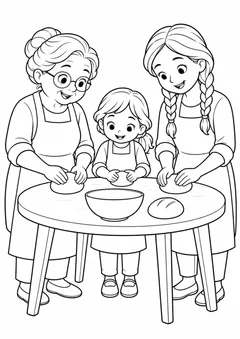 Avó, mãe e criança fazendo pão para colorir