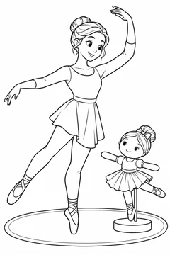 Bailarina adulta ensaiando com uma boneca de pano para colorir