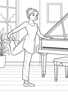 Bailarina alongando ao lado do piano para colorir