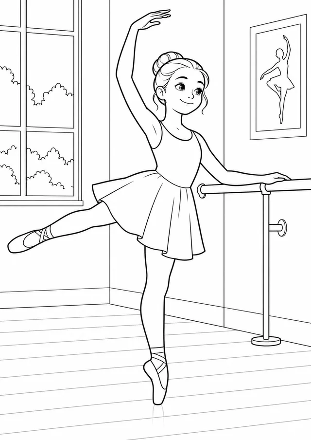 Bailarina junto à barra para colorir