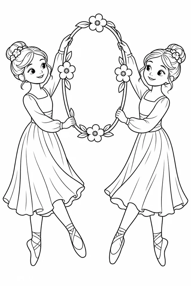Bailarinas com arco de flores para colorir