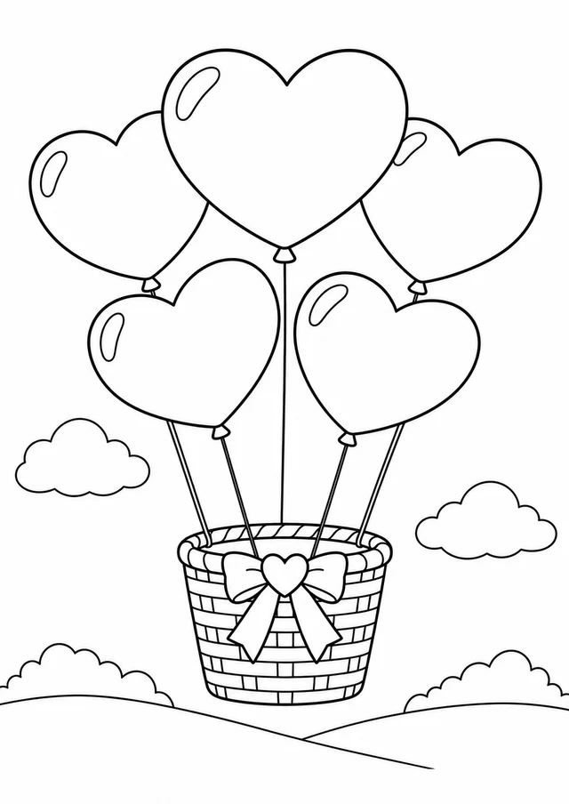 Balões de coração numa cesta para colorir