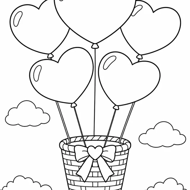 Balões de coração numa cesta para colorir