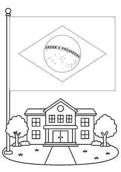 Bandeira do Brasil em frente à escola para colorir