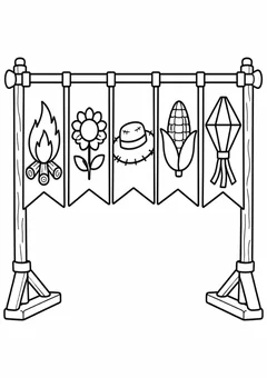 Bandeirinhas de tecido num varal de mesa para colorir