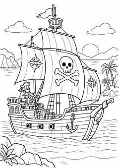 Barco pirata com velas originais na baía para colorir