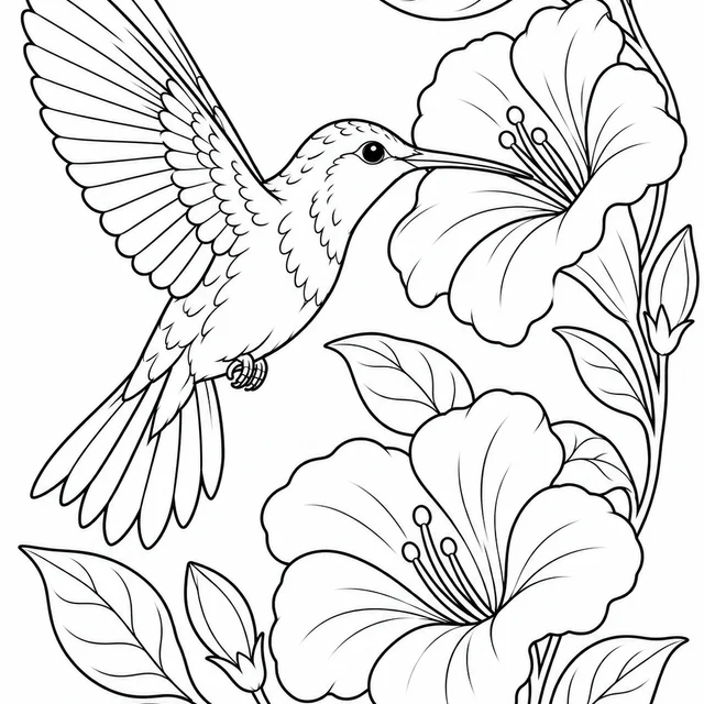 Beija-flor e flores para colorir