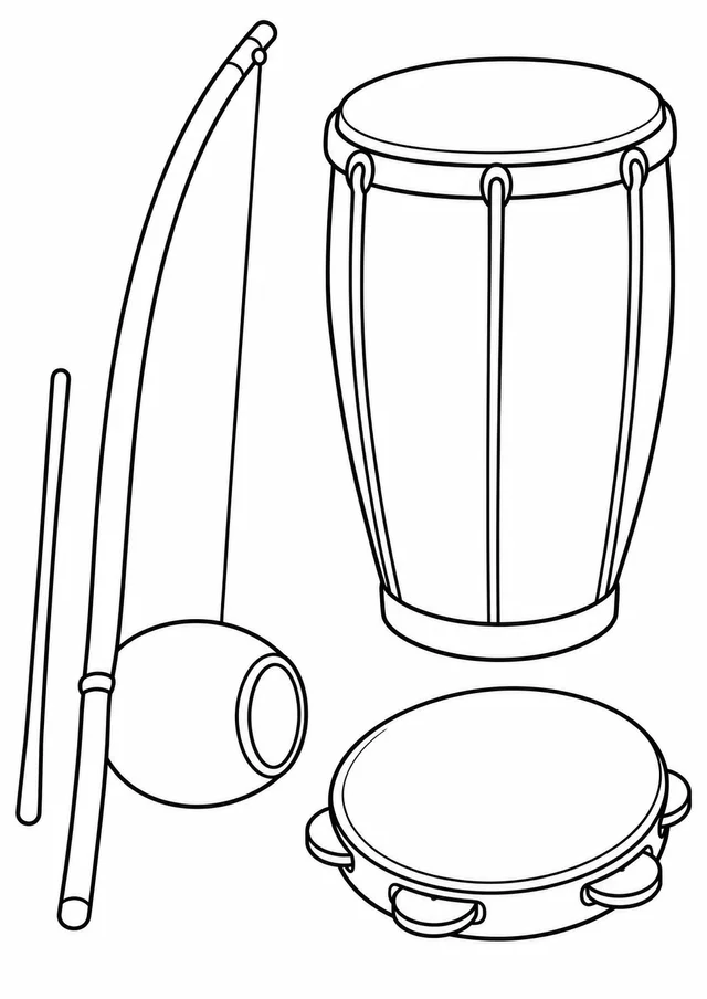 Berimbau, pandeiro e atabaque para colorir