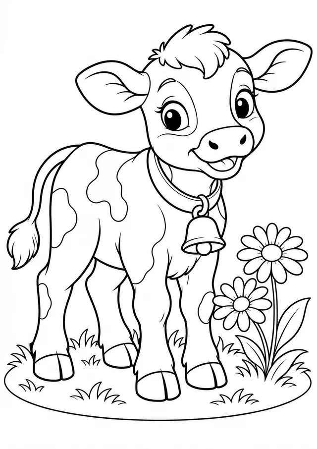 Bezerrinho com sino no pasto para colorir