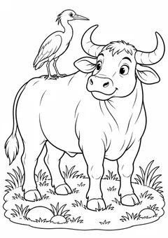Boi com garça-vaqueira para colorir