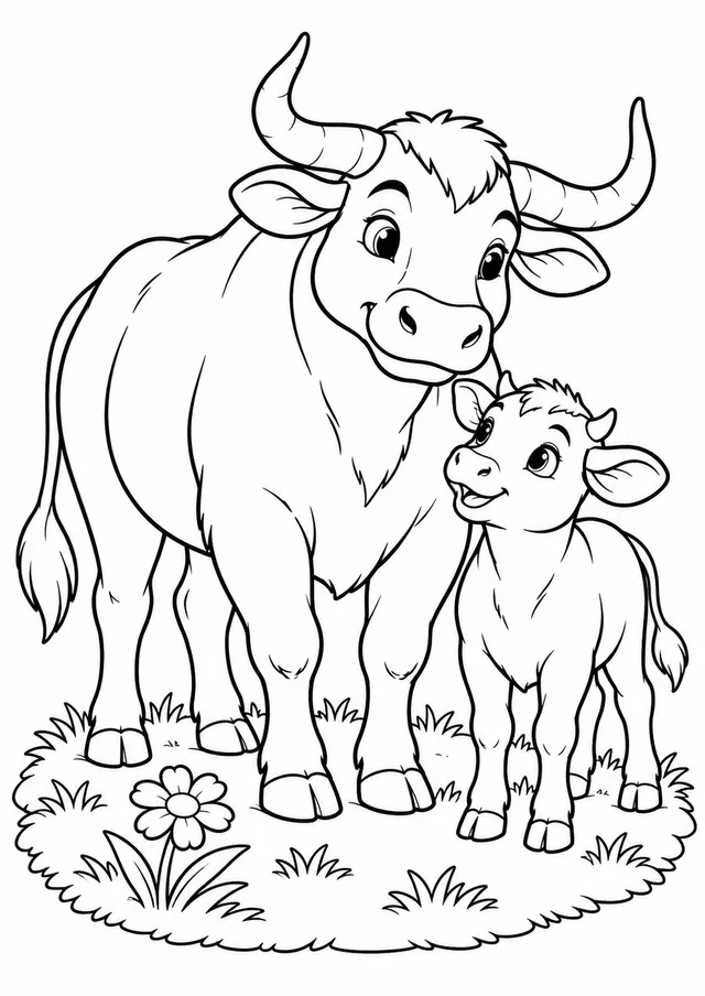 Boi e bezerrinho no campo para colorir