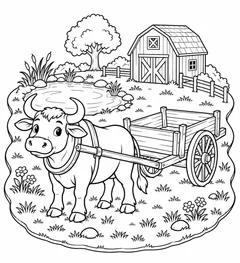 Boi e carroça na fazenda para colorir