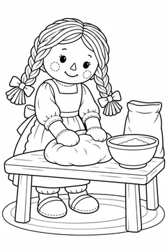 Boneca amassando pão na cozinha de brincar para colorir