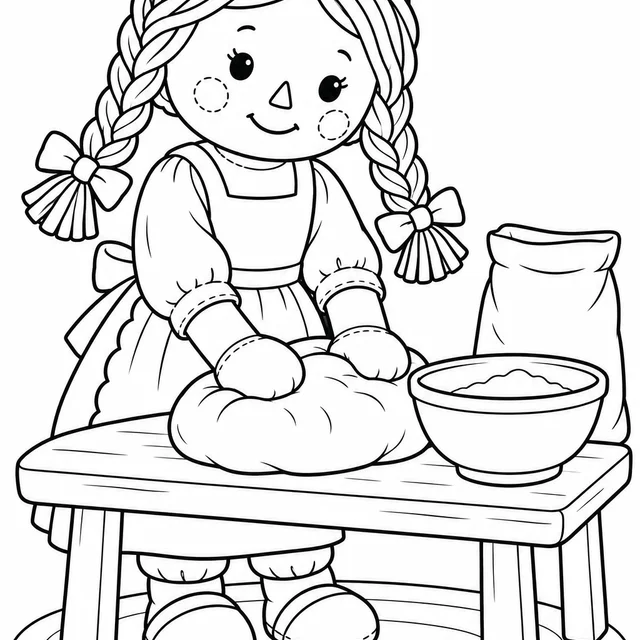 Boneca amassando pão na cozinha de brincar para colorir