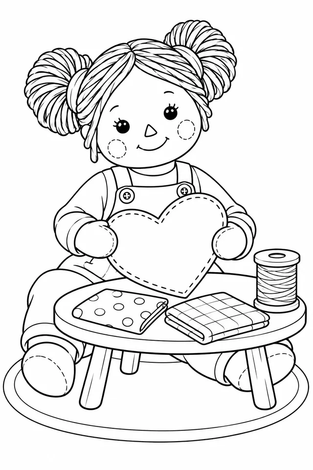 Boneca com um coração de tecido para colorir