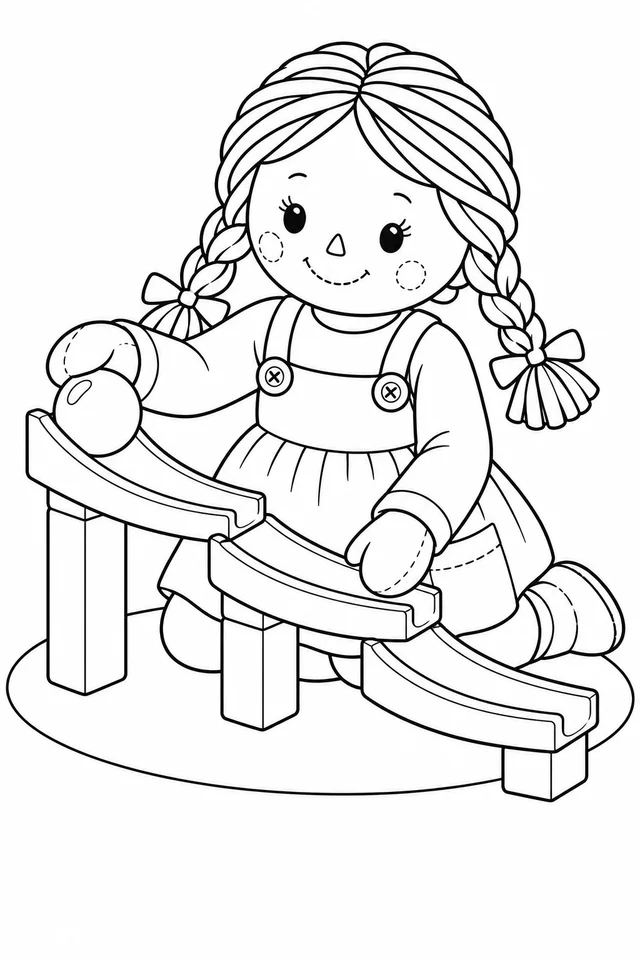 Boneca construindo uma pista de bolinhas para colorir