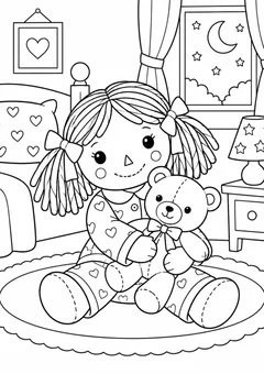 Boneca de pano com pijama e ursinho para colorir