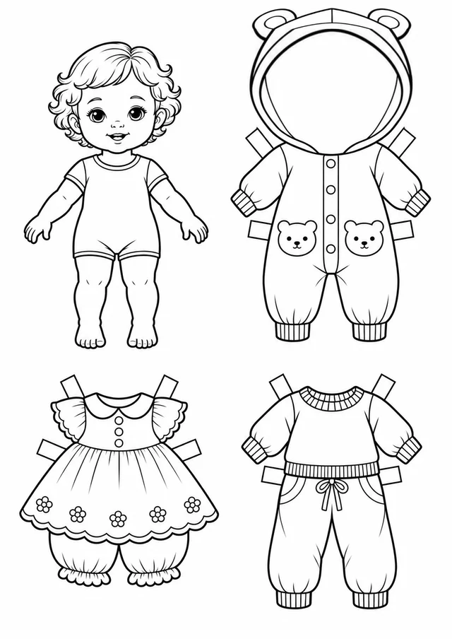 Boneca de papel bebê com roupinhas para colorir