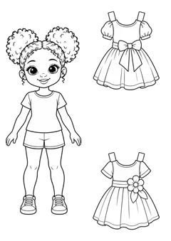 Boneca de papel cacheada com roupas de festa para colorir