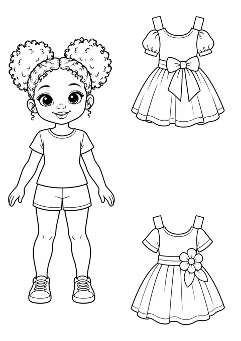 Boneca de papel cacheada com roupas de festa para colorir
