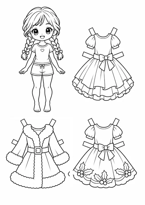 Boneca de papel chibi com roupas de Natal para colorir
