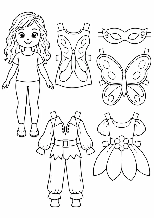 Boneca de papel com fantasias de carnaval para colorir